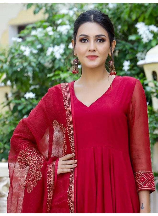 آني ديزاينر - قميص أناركلي كورتا من مزيج القطن للنساء من ANNI DESIGNER مع بنطلون ووشاح (Magic-RED_XL_Red_X-Large) - Image 1