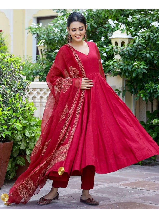 آني ديزاينر - قميص أناركلي كورتا من مزيج القطن للنساء من ANNI DESIGNER مع بنطلون ووشاح (Magic-RED_XL_Red_X-Large) - Image 1