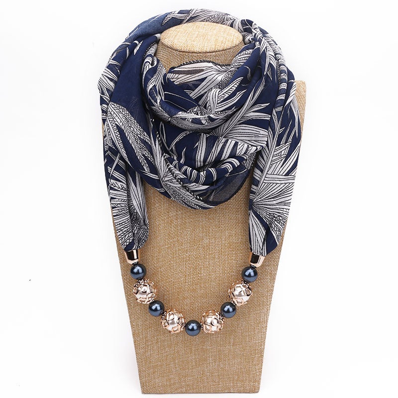 Beaded Pendant Scarf Clothing Printed Chiffon Necklace Scarf Neck Set - Image 2