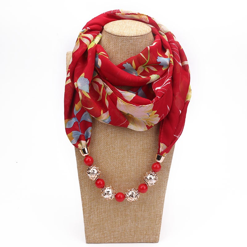 Beaded Pendant Scarf Clothing Printed Chiffon Necklace Scarf Neck Set - Image 5