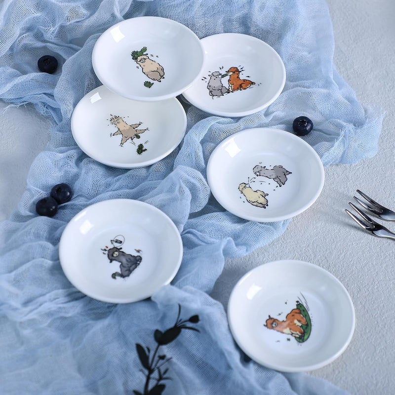 Bicuzat Cute Cartoon Animals Dessert Plates Ceramic Appetizer Plates Salad Plates Set of 4 Seasoning Dishes Shallow Plates Serving Lunches Cheese Salad SnacksAlpaca35 Inch - Image 3