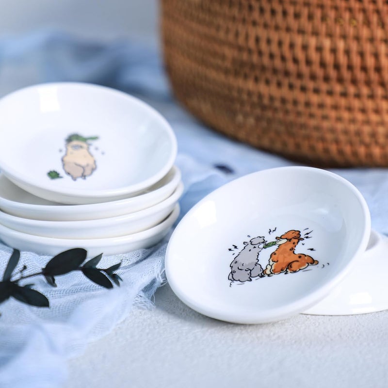 Bicuzat Cute Cartoon Animals Dessert Plates Ceramic Appetizer Plates Salad Plates Set of 4 Seasoning Dishes Shallow Plates Serving Lunches Cheese Salad SnacksAlpaca35 Inch - Image 4