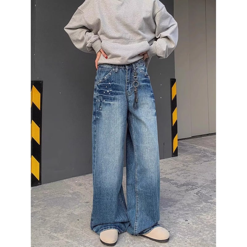 American Retro Rivet Lightning Pattern Jeans For Men And Women, New Washed Distressed Casual Pants, Handsome Wide-Leg Pants, Trendy Brand - Image 5