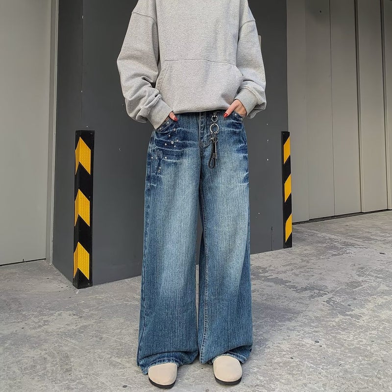 American Retro Rivet Lightning Pattern Jeans For Men And Women, New Washed Distressed Casual Pants, Handsome Wide-Leg Pants, Trendy Brand - Image 2