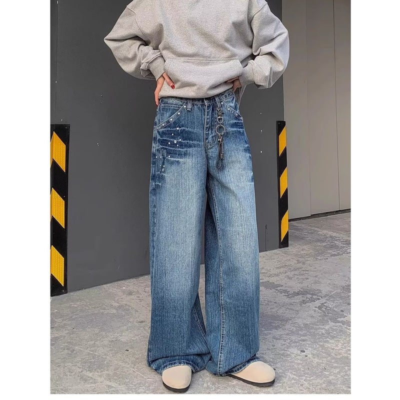 American Retro Rivet Lightning Pattern Jeans For Men And Women, New Washed Distressed Casual Pants, Handsome Wide-Leg Pants, Trendy Brand - Image 3