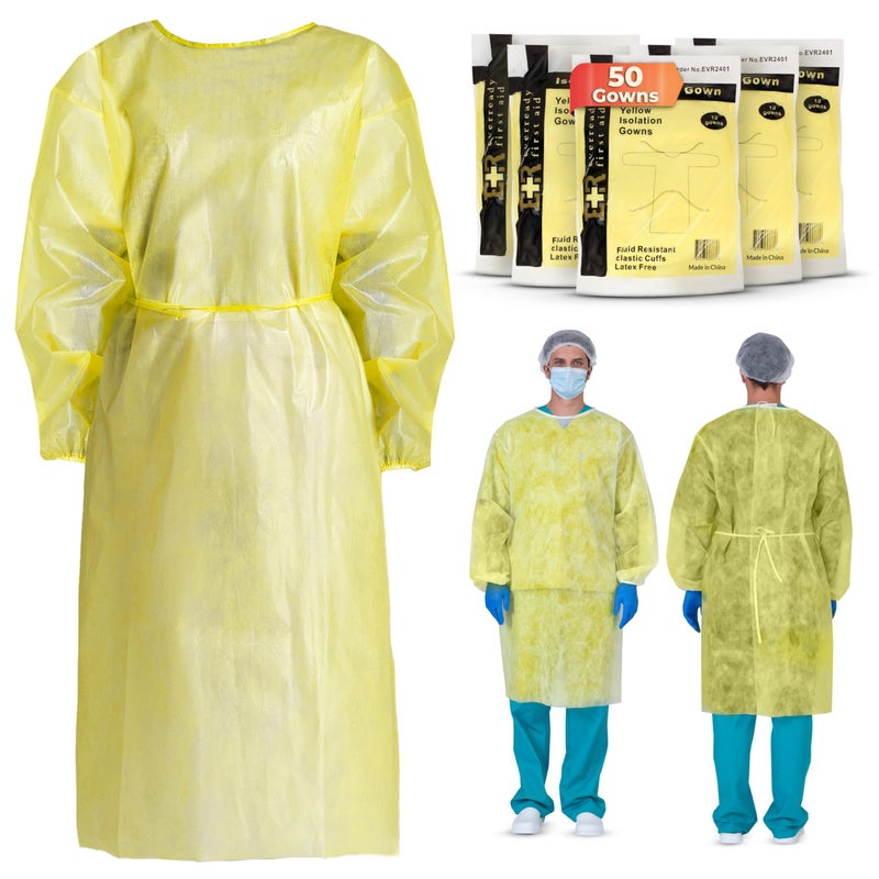Ever Ready First Aid Disposable Isolation Gown with Elastic Wrists Universal Size Yellow Case of 50