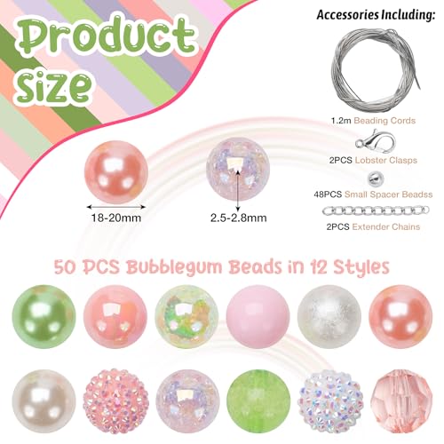 Jeacksy 50pcs Bubblegum Beads 20mm Bulk Mix, DIY Pen Colorful Chunk Bubble Gum With Round Spacers, Extender Chains, Beading Cord for Pen Bag Chain Crafts Bracelet Necklace Jewelry Making - Image 2