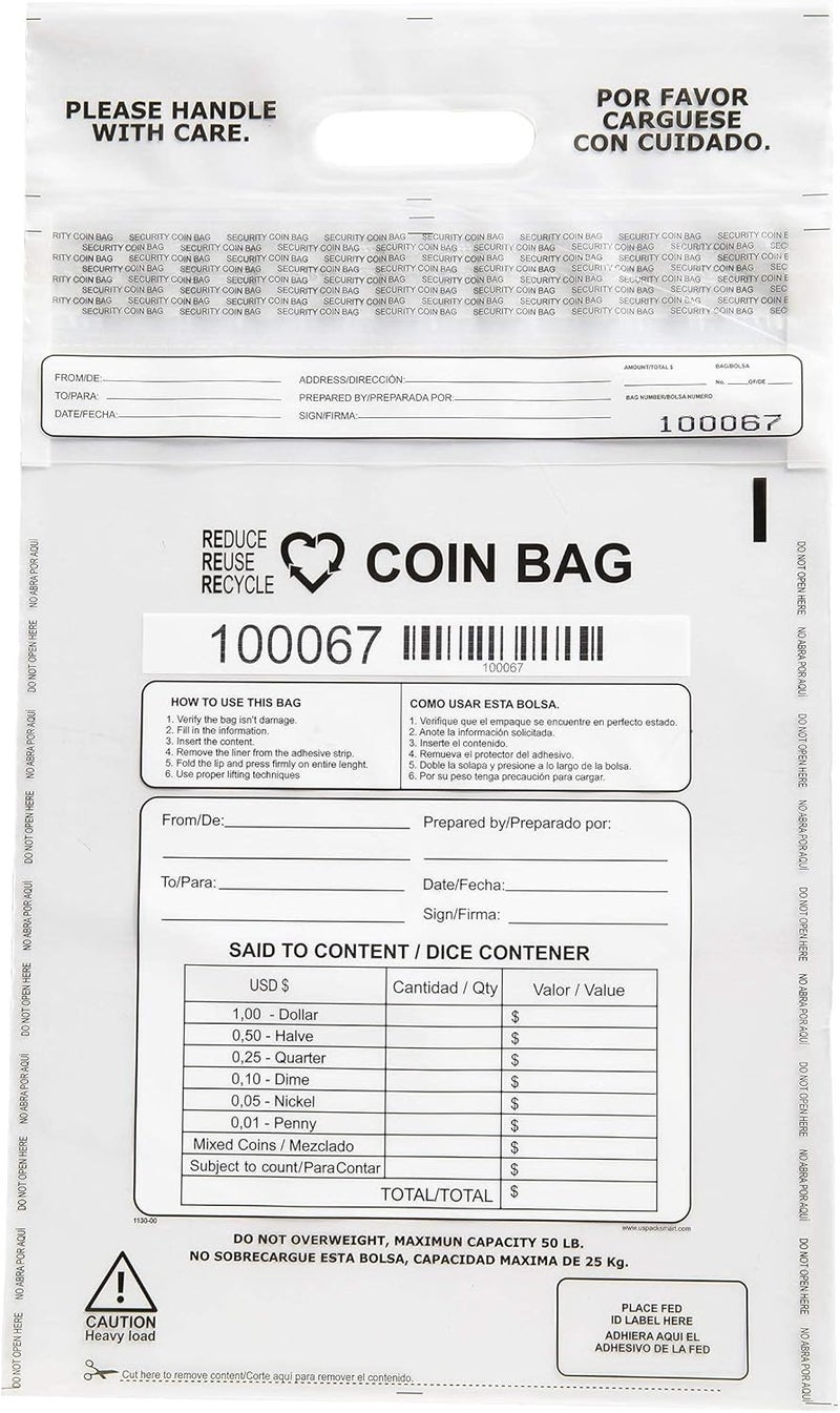 US PACK SMART Clear Plastic Coin Bag 12.5" x 21.5" | 50 lb. Capacity | Sequential Barcode Number, Self-Sealing, Permanent Adhesive, Ideal for Handling and Transport of Coins and Casino Chips | 50-Pack - Image 1
