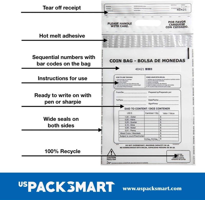 US PACK SMART Clear Plastic Coin Bag 12.5" x 21.5" | 50 lb. Capacity | Sequential Barcode Number, Self-Sealing, Permanent Adhesive, Ideal for Handling and Transport of Coins and Casino Chips | 50-Pack - Image 5