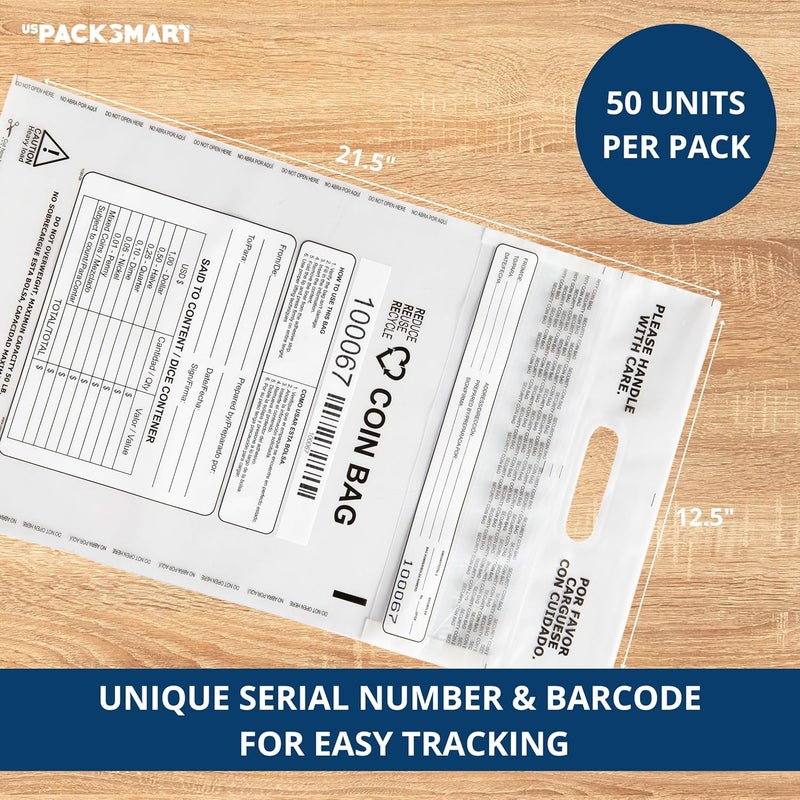 US PACK SMART Clear Plastic Coin Bag 12.5" x 21.5" | 50 lb. Capacity | Sequential Barcode Number, Self-Sealing, Permanent Adhesive, Ideal for Handling and Transport of Coins and Casino Chips | 50-Pack - Image 4