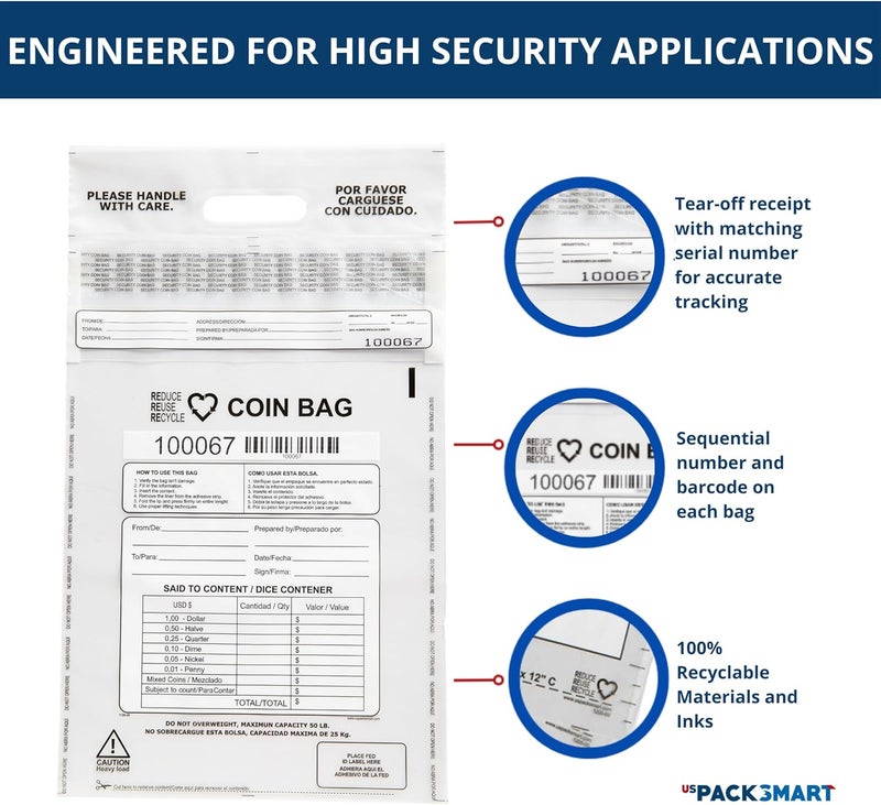 US PACK SMART Clear Plastic Coin Bag 12.5" x 21.5" | 50 lb. Capacity | Sequential Barcode Number, Self-Sealing, Permanent Adhesive, Ideal for Handling and Transport of Coins and Casino Chips | 50-Pack - Image 3