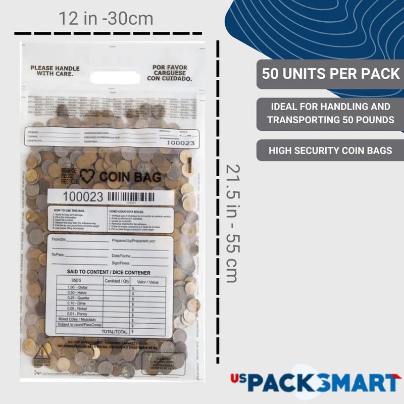 US PACK SMART Clear Plastic Coin Bag 12.5" x 21.5" | 50 lb. Capacity | Sequential Barcode Number, Self-Sealing, Permanent Adhesive, Ideal for Handling and Transport of Coins and Casino Chips | 50-Pack - Image 2