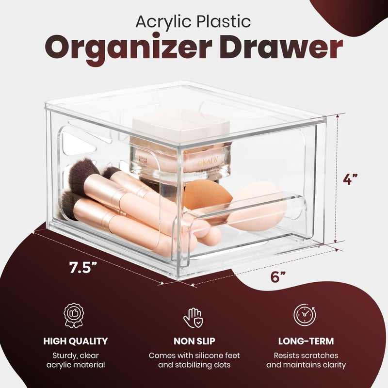 Oizeir Clear Stackable Storage Drawers - 2-PACK - Acrylic Plastic Organizer Drawer for Bathroom Vanity Cabinet, Kitchen Countertop, Small Office Organization. Easily Organize All Cosmetic Makeup Supplies. - Image 2