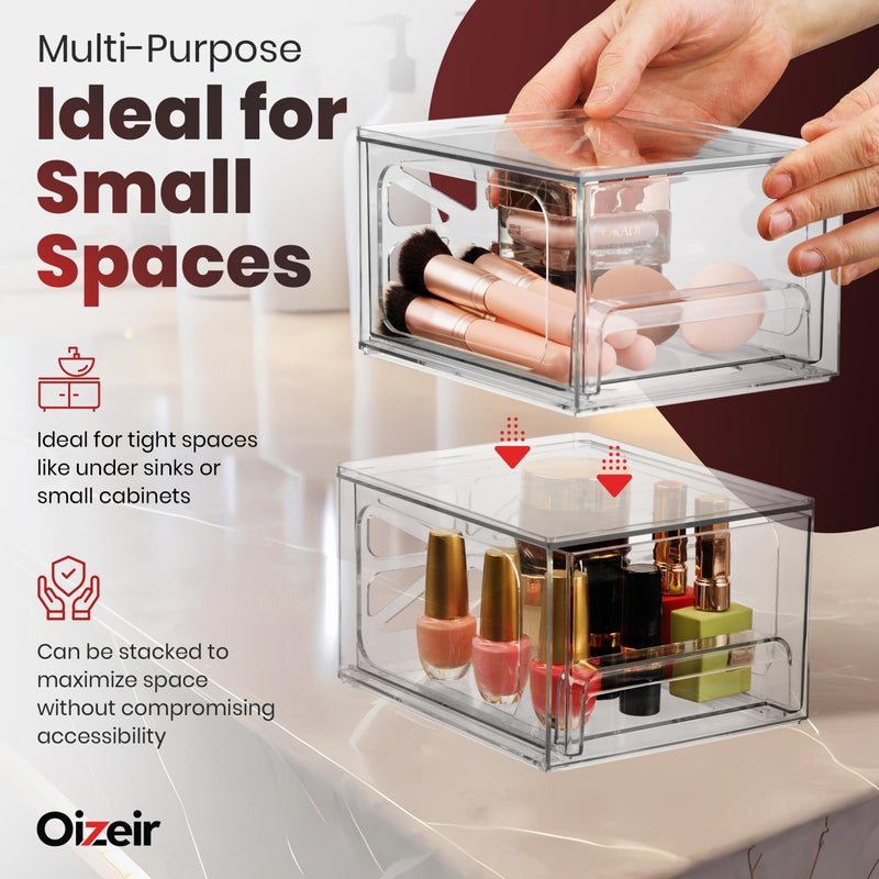 Oizeir Clear Stackable Storage Drawers - 2-PACK - Acrylic Plastic Organizer Drawer for Bathroom Vanity Cabinet, Kitchen Countertop, Small Office Organization. Easily Organize All Cosmetic Makeup Supplies. - Image 4