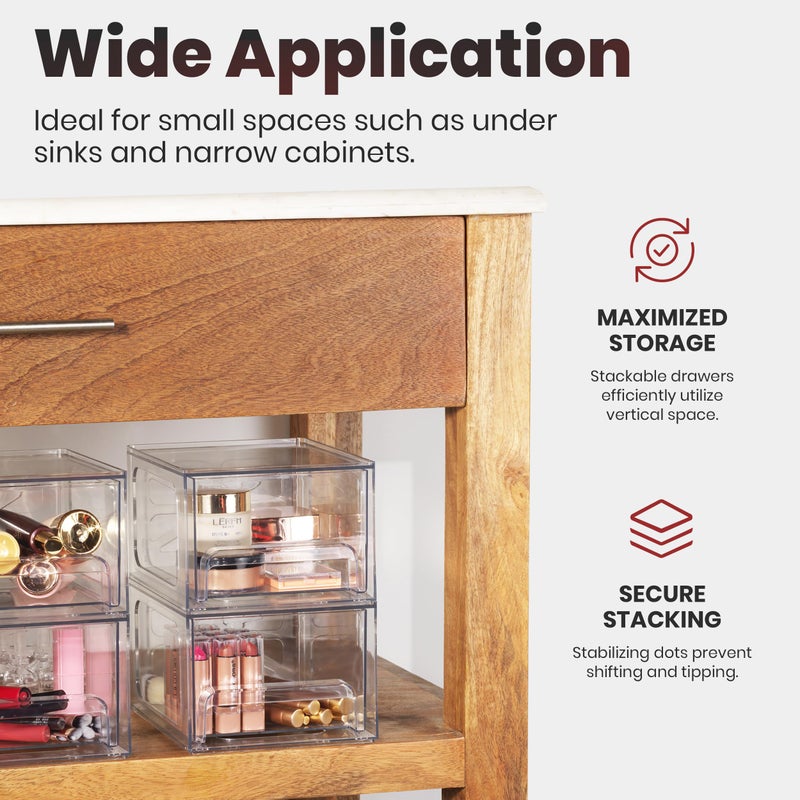 Oizeir Clear Stackable Storage Drawers - 2-PACK - Acrylic Plastic Organizer Drawer for Bathroom Vanity Cabinet, Kitchen Countertop, Small Office Organization. Easily Organize All Cosmetic Makeup Supplies. - Image 5