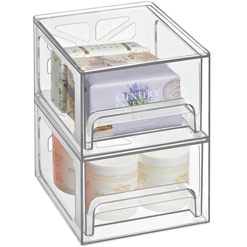 Oizeir Clear Stackable Storage Drawers - 2-PACK - Acrylic Plastic Organizer Drawer for Bathroom Vanity Cabinet, Kitchen Countertop, Small Office Organization. Easily Organize All Cosmetic Makeup Supplies. - Image 1