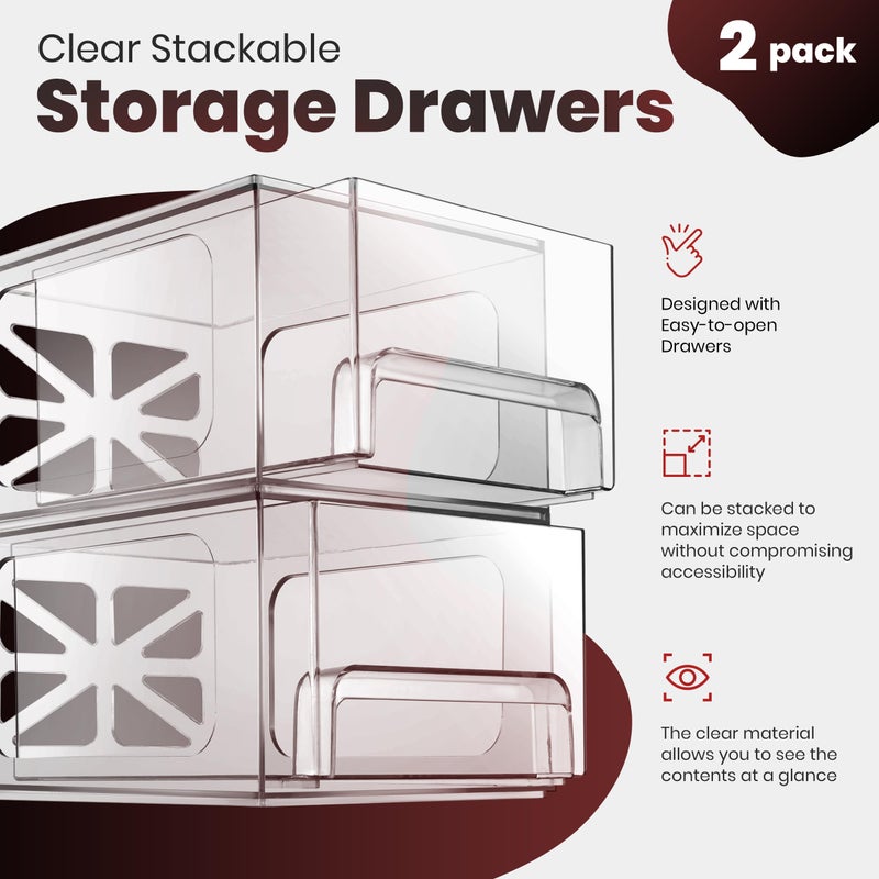 Oizeir Clear Stackable Storage Drawers - 2-PACK - Acrylic Plastic Organizer Drawer for Bathroom Vanity Cabinet, Kitchen Countertop, Small Office Organization. Easily Organize All Cosmetic Makeup Supplies. - Image 3