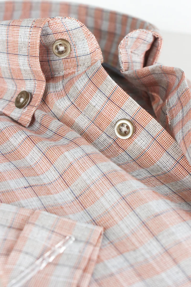 فاريتا Men's Salmon Gray Short Sleeve Checked Pocket Cotton Shirt