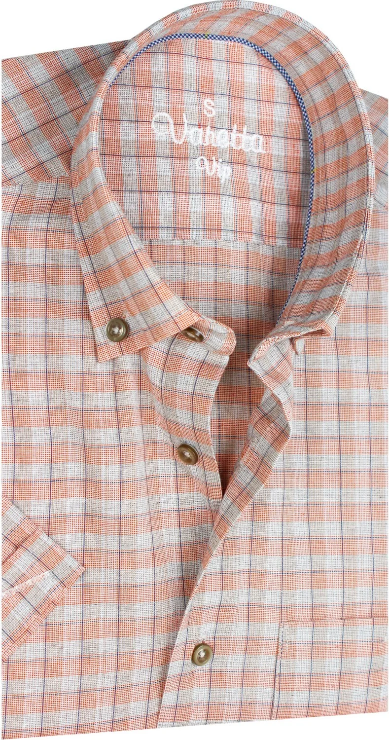 فاريتا Men's Salmon Gray Short Sleeve Checked Pocket Cotton Shirt