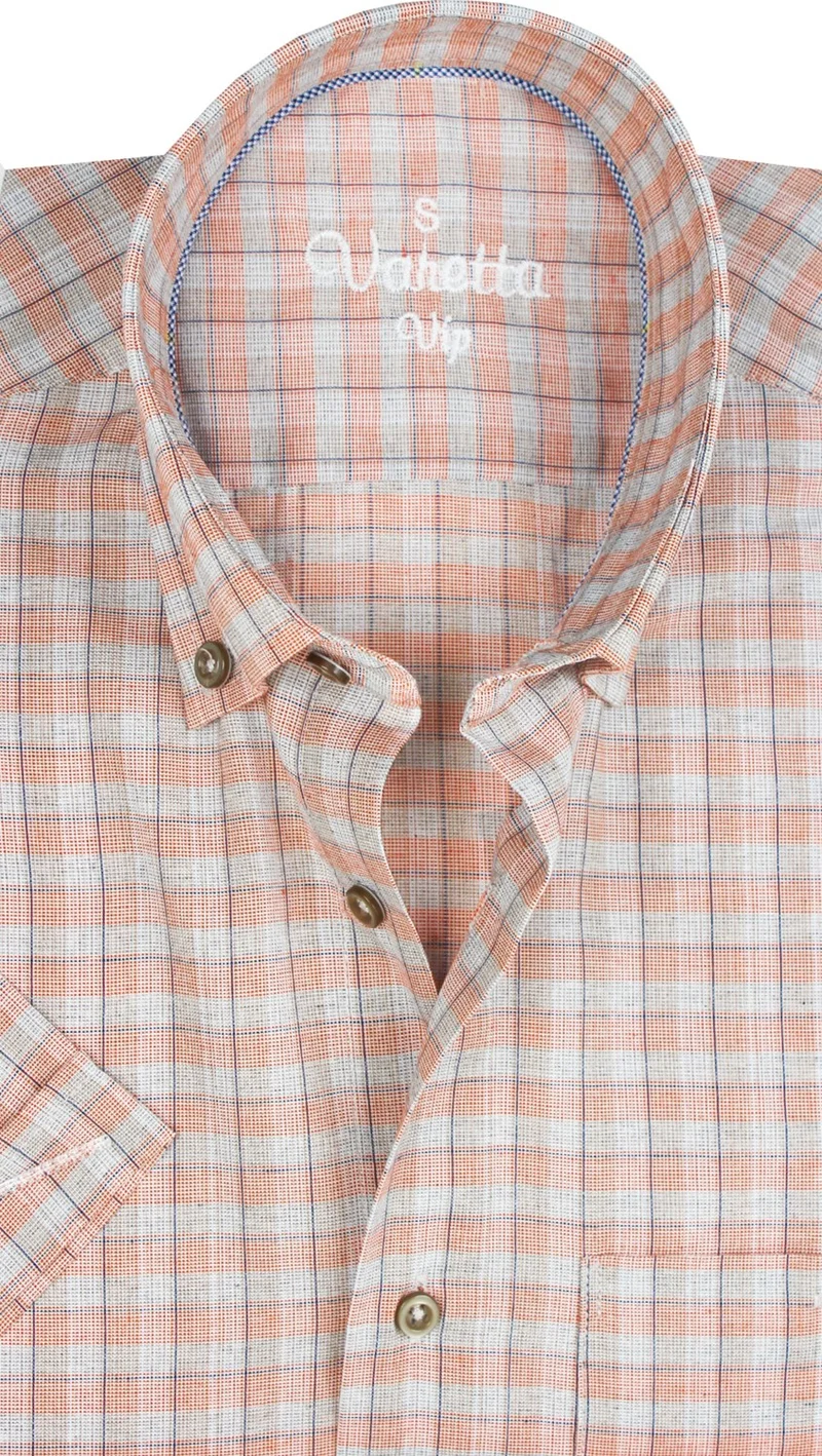 فاريتا Men's Salmon Gray Short Sleeve Checked Pocket Cotton Shirt