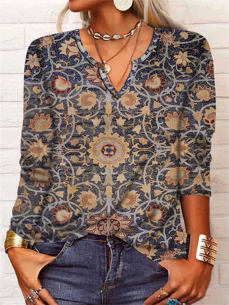 2025 Spring Loose Long Sleeve Flower Mang V-neck T-shirt Base Shirt Women's Wear - Image 1