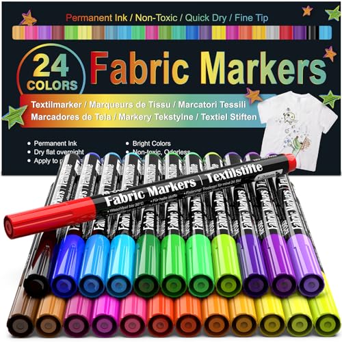 APOGO Markers قماش دائمة للملابس، 24 ألوان أقلام طلاء قماش - مقاومة للماء وقابلة للغسل في الغسالة، علامات الطلاء للتي شيرت، أحذية قماش، حقائب، ملابس أطفال، قلم ملابس ذو طرف رفيع لعلامة الغسيل - Image 1