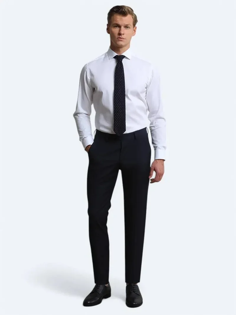 Kip Navy Blue Weaving Slim Fit Classical Wool Blended Trousers