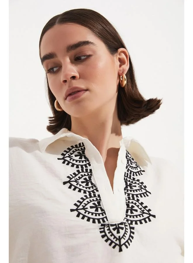 جون June Women Cotton Polo Neck Embroidery Detailed Blouse White