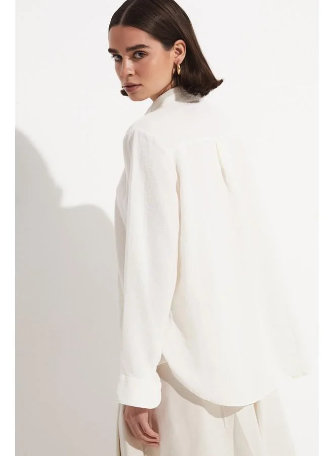 جون June Women Cotton Polo Neck Embroidery Detailed Blouse White