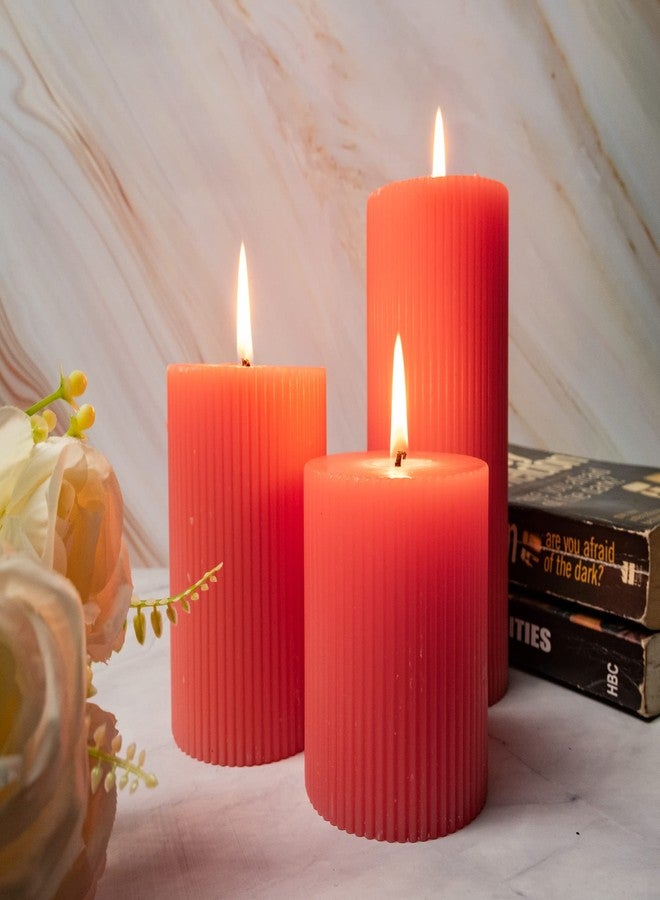 Floryn Decor Paraffin Wax Ribbed Scented Pillar Candles, Set of 3, Size- Full 3by3, 3by4 & 3by6 inches (English Rose) - Image 1