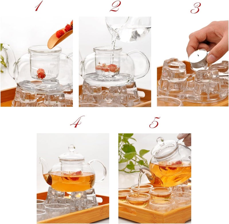 Jusalpha 11 PC-Glass Filtering Tea Maker Teapot with a Warmer and 6 Tea Cups Set (Version 2, 27-Oz) - Image 3