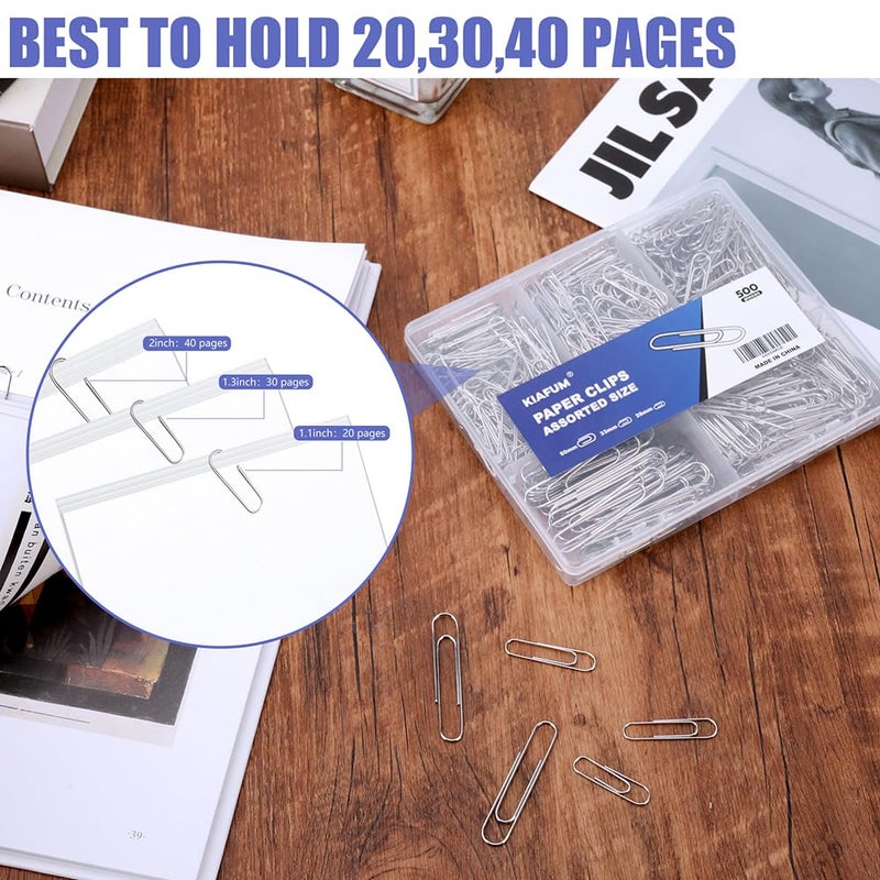 KIAFUM Paper Clips, 500 Pcs Assorted-Size Paperclips, Premium Silver Paperclip Large Medium and Small, Rustproof Metal Paper Clips for Office, School, Home - Image 5
