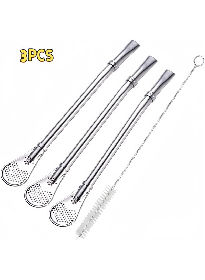 Yerba Mate Bombilla Gourd Drinking Filter Straws 304 Food-Grade Stainless Steel 6.1 inch Long Spoon Bombillas Straws for Mate Tea Set of 3 with Cleaning Brush (silver) - Image 1