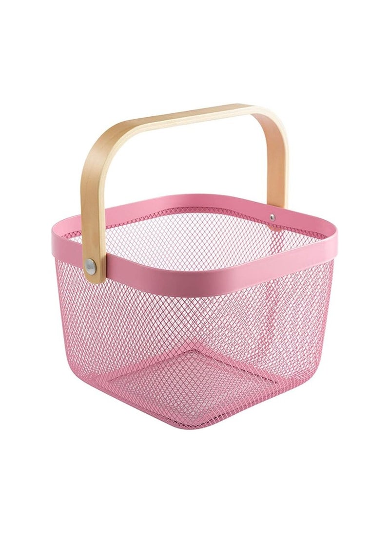 Agioda Multi-Functional Storage and Organization Steel Mesh Basket, Kitchen Hanging Baskets, Fruit Basket with Bamboo Handle for Kitchen, Bathroom, Picnic, Shopping, Cupboard and Home Decor - Pink