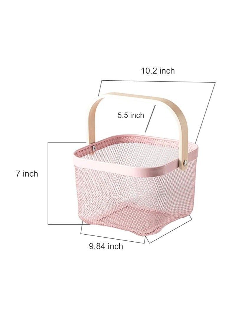 Agioda Multi-Functional Storage and Organization Steel Mesh Basket, Kitchen Hanging Baskets, Fruit Basket with Bamboo Handle for Kitchen, Bathroom, Picnic, Shopping, Cupboard and Home Decor - Pink