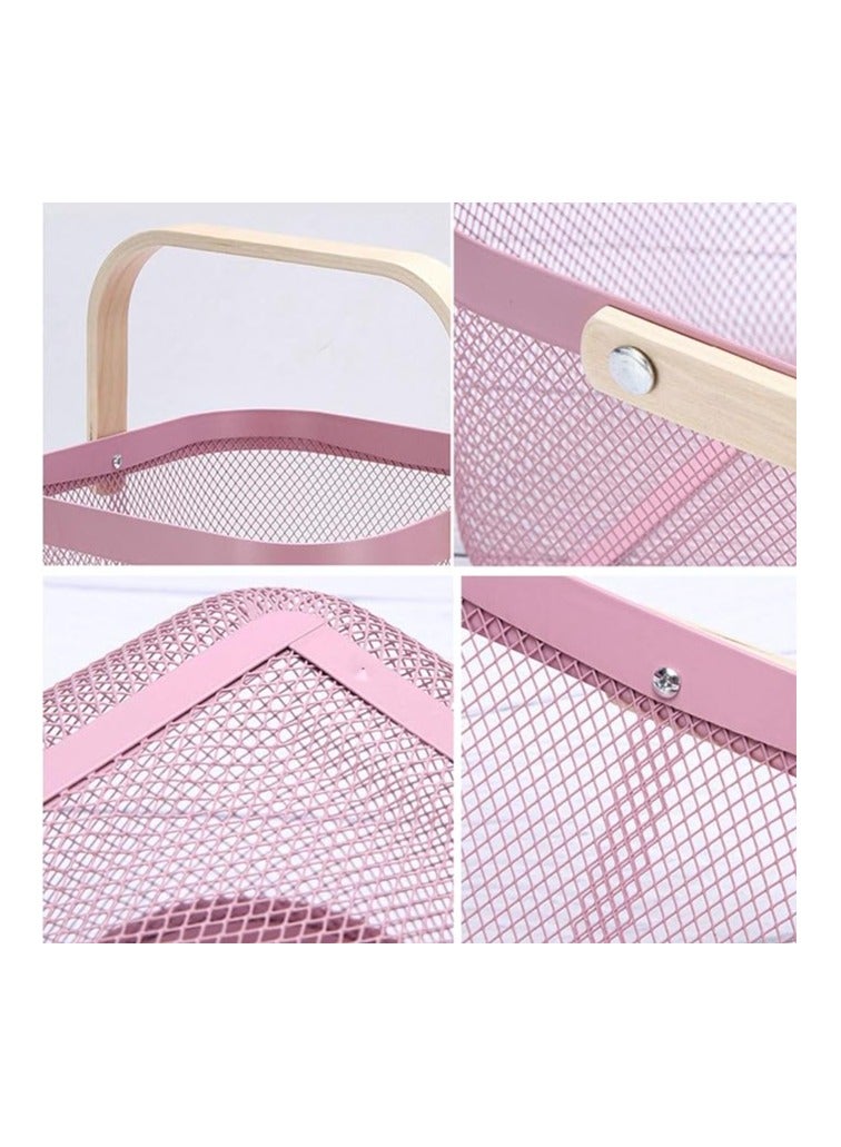 Agioda Multi-Functional Storage and Organization Steel Mesh Basket, Kitchen Hanging Baskets, Fruit Basket with Bamboo Handle for Kitchen, Bathroom, Picnic, Shopping, Cupboard and Home Decor - Pink