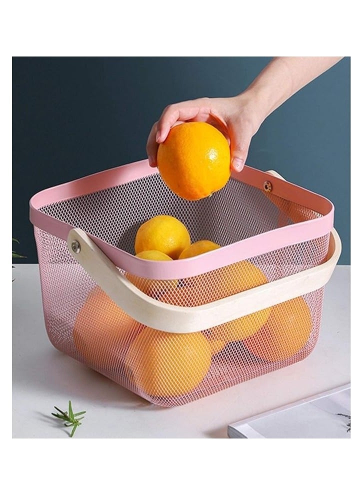 Agioda Multi-Functional Storage and Organization Steel Mesh Basket, Kitchen Hanging Baskets, Fruit Basket with Bamboo Handle for Kitchen, Bathroom, Picnic, Shopping, Cupboard and Home Decor - Pink