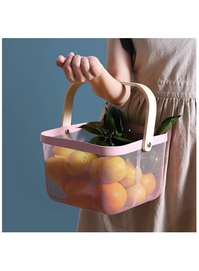 Agioda Multi-Functional Storage and Organization Steel Mesh Basket, Kitchen Hanging Baskets, Fruit Basket with Bamboo Handle for Kitchen, Bathroom, Picnic, Shopping, Cupboard and Home Decor - Pink