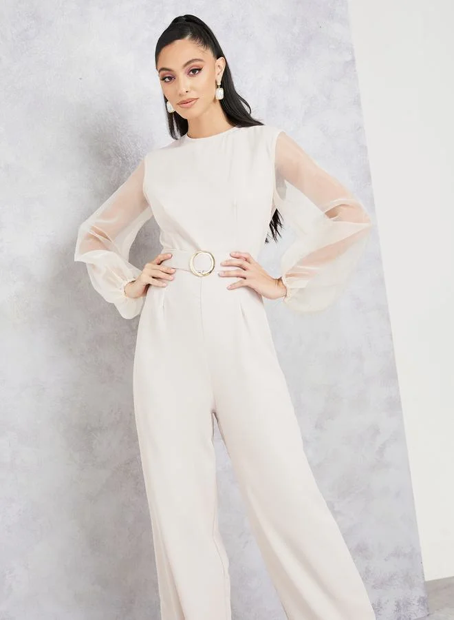 ستايلي Organza Sleeves Belted Wide Leg Jumpsuit