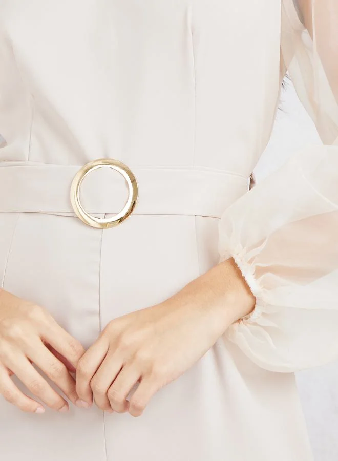 ستايلي Organza Sleeves Belted Wide Leg Jumpsuit