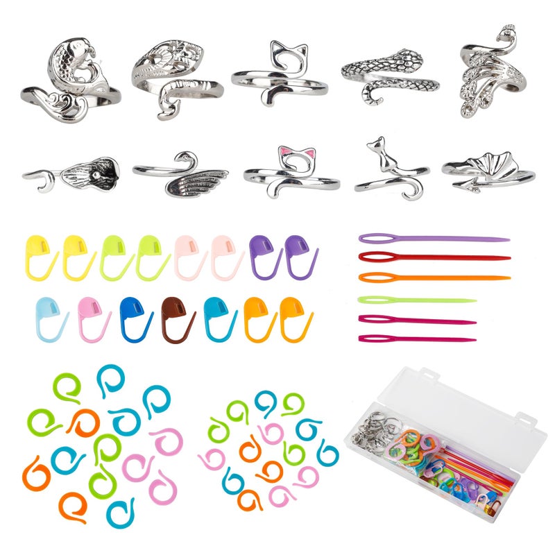 Varpotle 10Pcs Crochet Ring for Women with 45 Crochet Stitch Markers and 6 pcs Sewing Needles,Adjustable Open Crochet Tension Ring for Finger Crocheters Knitters,Stitch Markers for Crocheting - Image 1