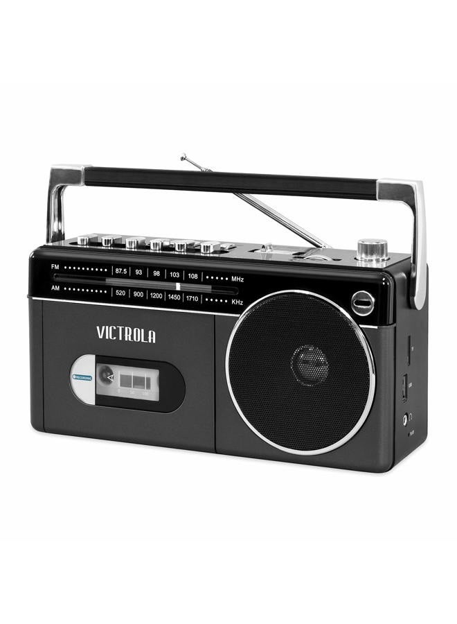 VICTROLA Mini Bluetooth Boombox with Cassette Player, Recorder and Am/FM Radio, Grey - Image 1