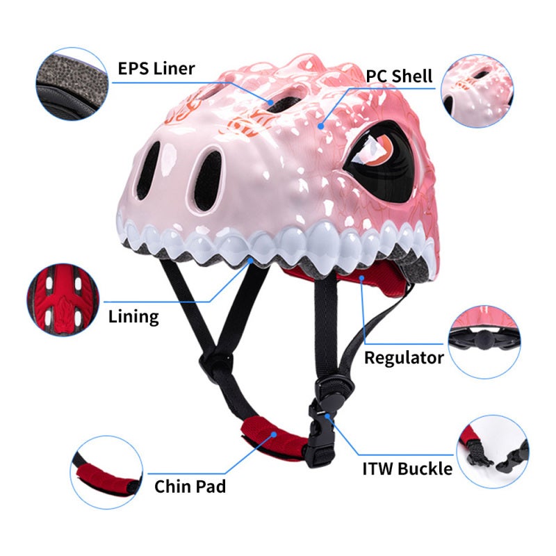 Adjustable Kids Helmet: 51-54cm Circumference With 8 Vents - 3D Dinosaur Design Pink Cool Breathable Lining Kids Skateboard Helmet for Toddler Boys Girls - Image 4