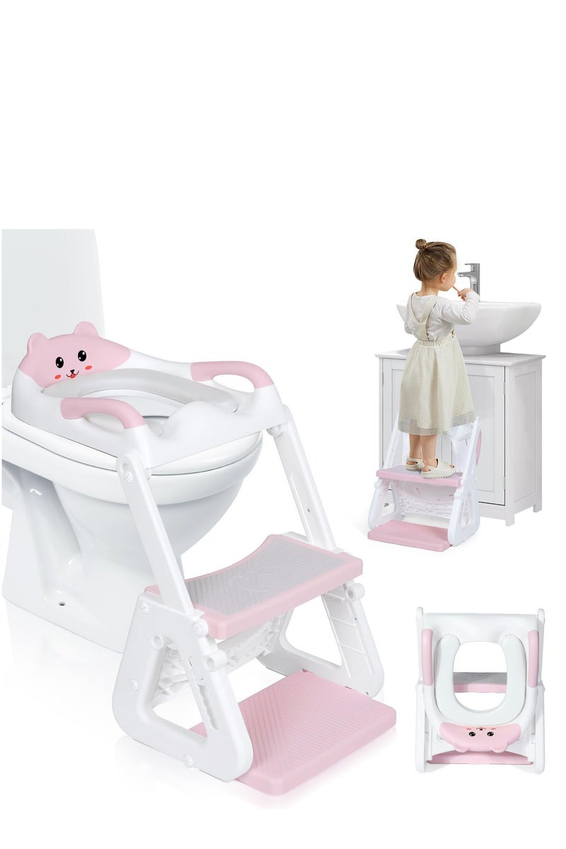كيبي مقعد تدريب على استخدام المرحاض للأطفال، مقعد مرحاض قابل للطي مع سلم مضاد للانزلاق، كرسي نونية للأطفال مع وسادة ناعمة ومقبض حماية وقابل لتعديل الارتفاع (وردي) - Image 1