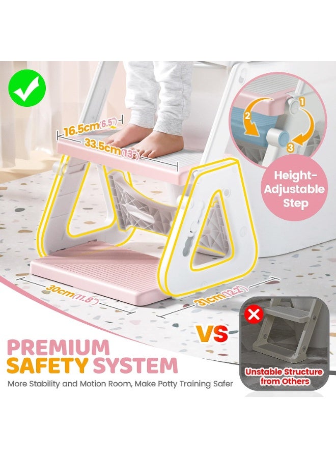 كيبي مقعد تدريب على استخدام المرحاض للأطفال، مقعد مرحاض قابل للطي مع سلم مضاد للانزلاق، كرسي نونية للأطفال مع وسادة ناعمة ومقبض حماية وقابل لتعديل الارتفاع (وردي) - Image 2