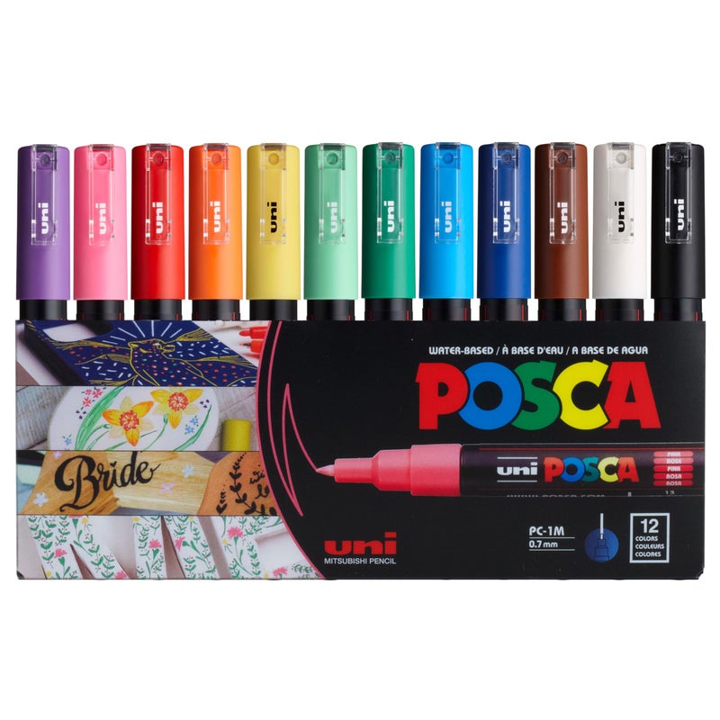 12 Posca Paint Markers, 1M Markers with Extra Fine Tips, Posca Marker Set of Acrylic Paint Pens | for Art Supplies, Fabric Paint, Markers for Art