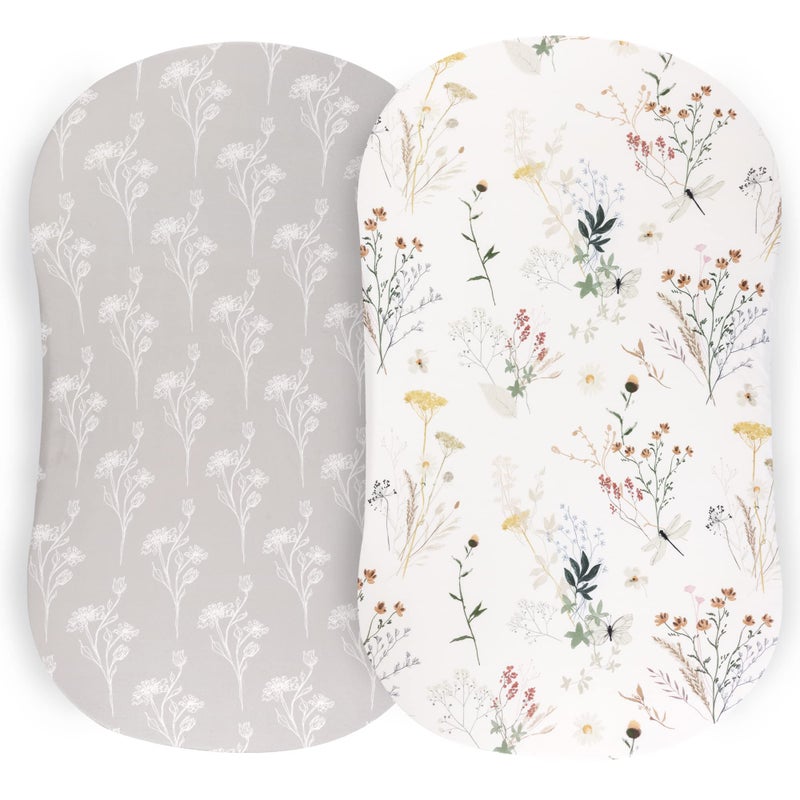 Pobibaby  2 Pack Premium Bassinet Sheets for Standard Bassinets  UltraSoft Jersey Knit Stylish Floral Pattern Safe and Snug for Baby Wildflower