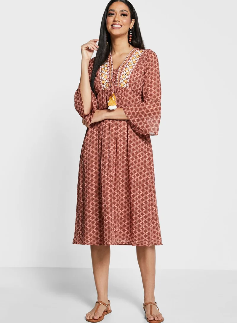 indya Geo Embroidered Bell Sleeve A-Line Tunic