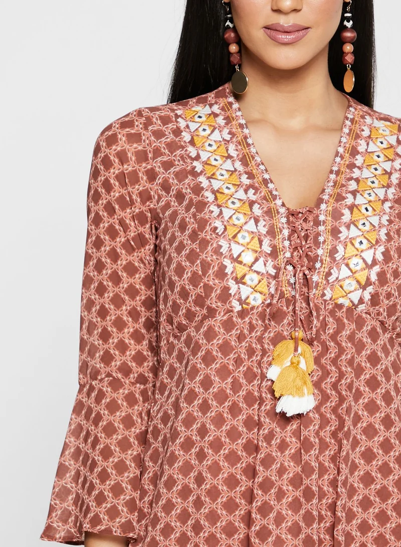 indya Geo Embroidered Bell Sleeve A-Line Tunic