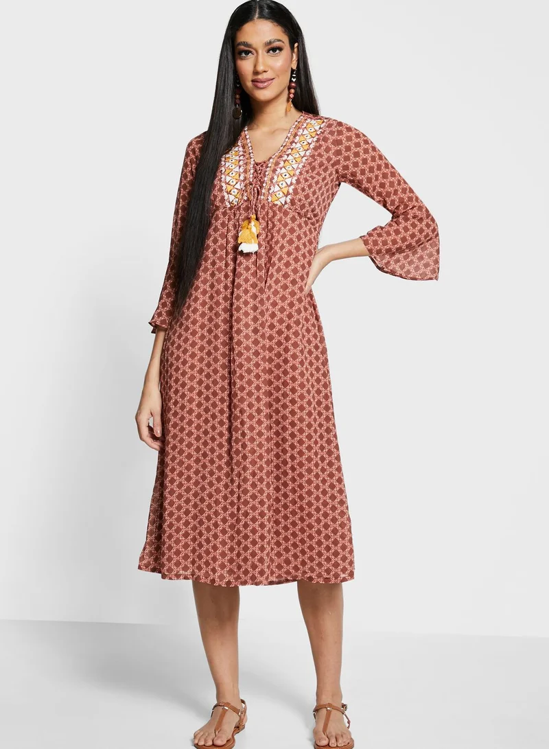 indya Geo Embroidered Bell Sleeve A-Line Tunic